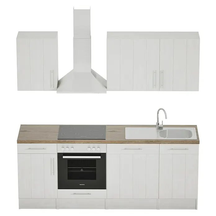 Respekta Premium Composición de cocina Anton - Ancho: 220 cm, Blanco, Con electrodomésticos - Unidad de cocina luminosa con armarios blancos, fregadero, fogones y campana extractora para un diseño moderno.
