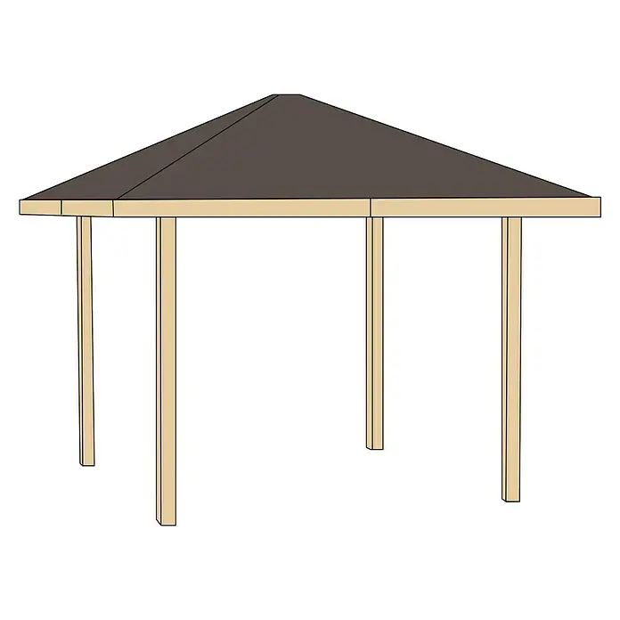 Weka Pavillon Gartenoase 651 - L x B: 294 x 294 cm - Ansicht eines Pavillons mit braunem Dach und Holzpfosten, ideal für den Garten. Die robuste Konstruktion bietet Schutz vor Sonne und Regen.