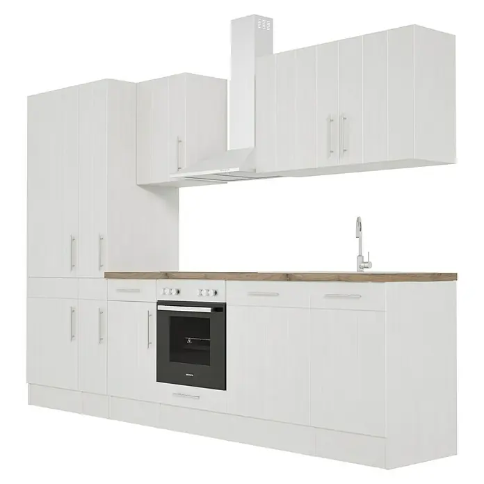 Respekta Premium Composición de cocina Anton - Ancho: 310 cm, Blanco, Con electrodomésticos - Elegante cocina blanca con horno integrado y campana extractora. Diseño de cocina moderna para un hogar elegante.