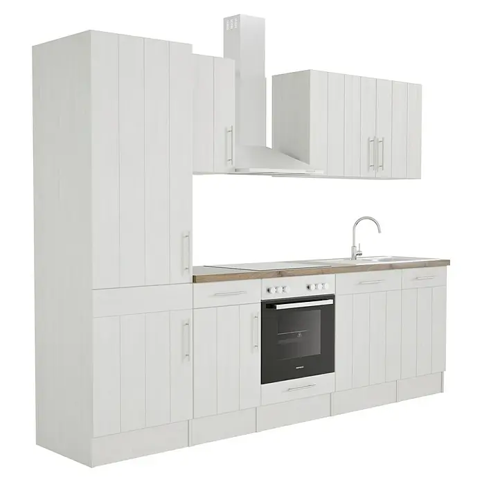 Respekta Premium Composición de cocina Anton - Ancho: 280 cm, Blanco, Con electrodomésticos - Una cocina moderna y blanca con armarios empotrados, campana extractora y cocina eléctrica. El diseño luminoso crea un ambiente acogedor.