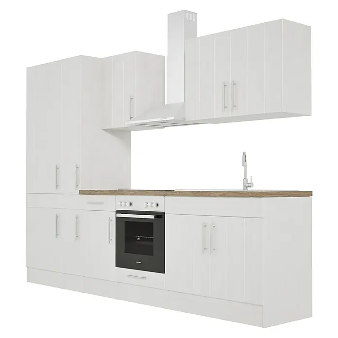 Respekta Premium Composición de cocina Anton - Ancho: 300 cm, Blanco, Con electrodomésticos - Cocina elegante con armarios blancos, campana extractora y horno empotrado. El diseño sencillo se adapta perfectamente a los espacios modernos.