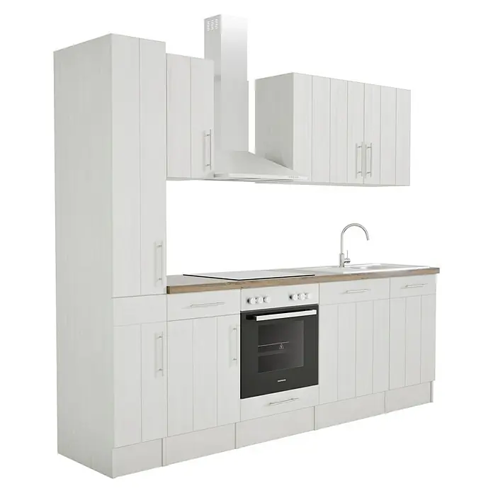 Respekta Premium Composición de cocina Anton - Ancho: 250 cm, Blanco, Con electrodomésticos - Una cocina blanca moderna con frentes brillantes, horno y armarios colgantes para un diseño interior elegante.