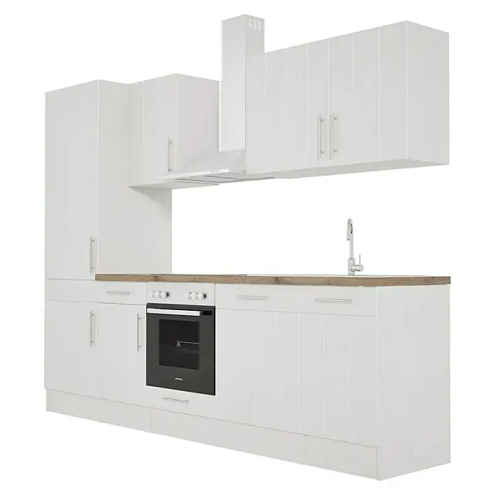 Respekta Premium Composición de cocina Anton - Ancho: 280 cm, Blanco, Con electrodomésticos - Toma de una cocina blanca moderna con encimera de madera, que incluye gabinetes bajos, gabinetes de pared, un horno y una campana extractora.