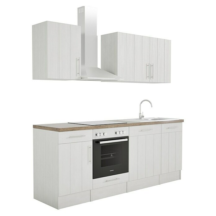 Respekta Premium Composición de cocina (Ancho: 220 cm, Con dispositivos eléctricos, Réplica de alerce blanco)