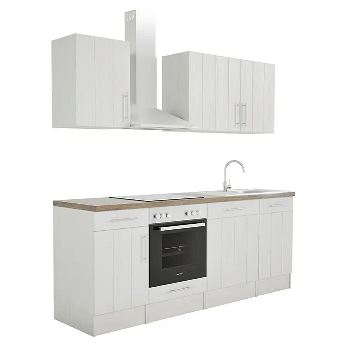 Respekta Premium Composición de cocina Anton - Ancho: 220 cm, Blanco, Con electrodomésticos - Muebles de cocina en blanco con encimera de madera, que incluye armarios bajos y superiores, fogones y campana extractora para una cocina moderna.