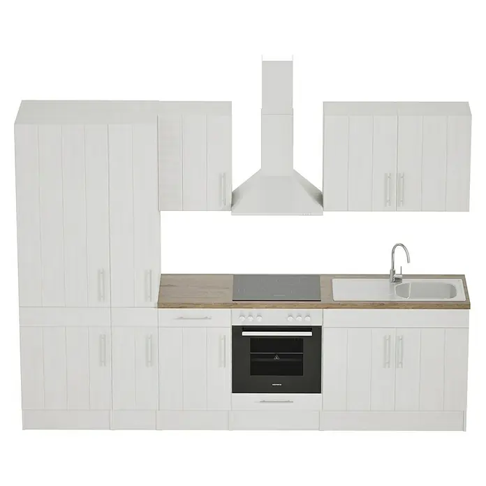 Respekta Premium Composición de cocina Anton - Ancho: 300 cm, Blanco, Con electrodomésticos - Cocina moderna con armarios blancos, campana extractora, placa de cocción y fregadero. Diseño limpio y funcional.