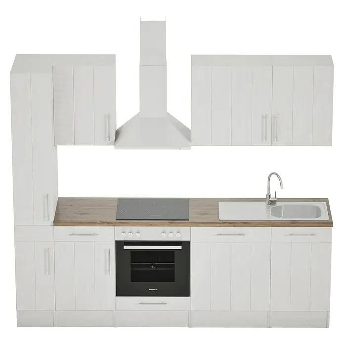 Respekta Premium Composición de cocina Anton - Ancho: 250 cm, Blanco, Con electrodomésticos - Cocina con armarios blancos, campana extractora y fregadero.