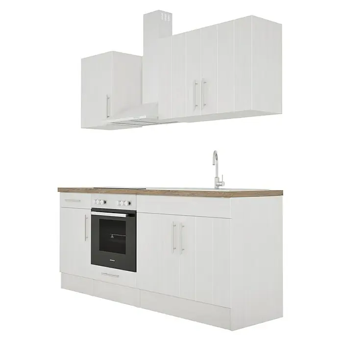 Respekta Premium Composición de cocina Anton - Ancho: 210 cm, Blanco, Con electrodomésticos - Cocina integral luminosa con armarios blancos, una campana extractora y un fregadero. El foco está en el diseño moderno de la cocina.