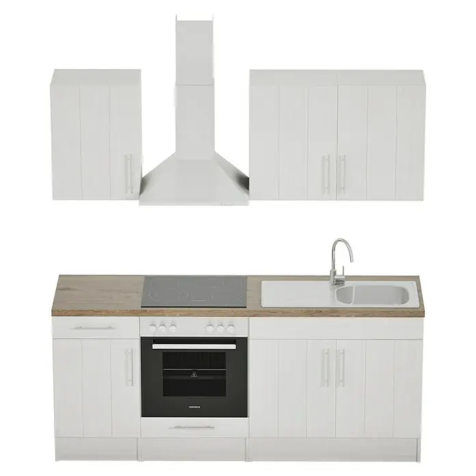 Respekta Premium Composición de cocina Anton - Ancho: 210 cm, Blanco, Con electrodomésticos - Cocina americana compacta blanca con fregadero, vitrocerámica y horno, ideal para espacios pequeños. El diseño minimalista se integra.