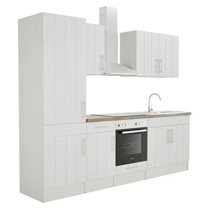 Respekta Premium Composición de cocina Anton - Ancho: 270 cm, Blanco, Con electrodomésticos - Cocina luminosa con armarios blancos, horno integrado y campana extractora, ofreciendo una solución de espacio moderna y funcional.