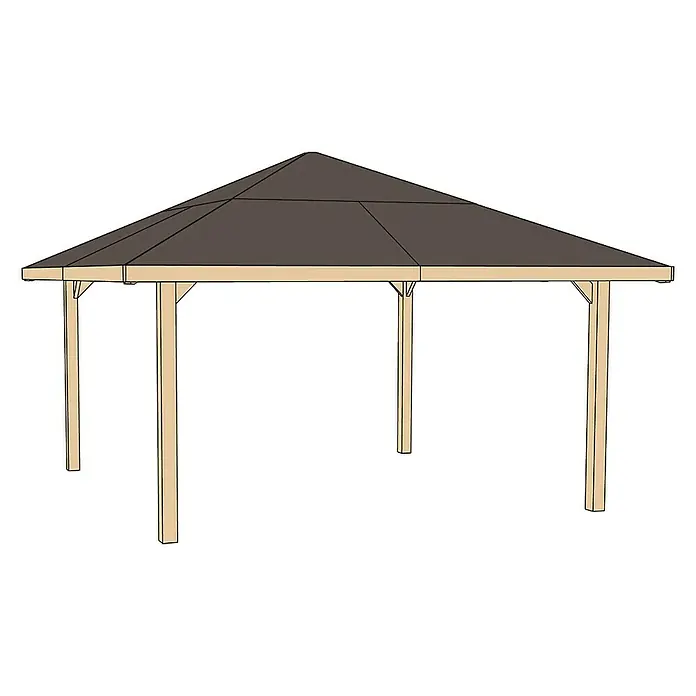 Weka Pavillon Gartenoase 651 A - L x B: 433 x 433 cm - Ein schattenspendender Pavillon mit einem dunklen Dach und hellen Holzpfosten, ideal für den Garten oder die Terrasse.