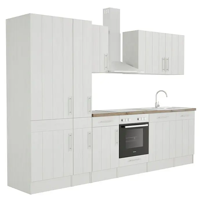 Respekta Premium Composición de cocina Anton - Ancho: 310 cm, Blanco, Con electrodomésticos - Imagen de una cocina blanca moderna con horno empotrado, fregadero y armarios de pared. El diseño es sencillo y funcional.