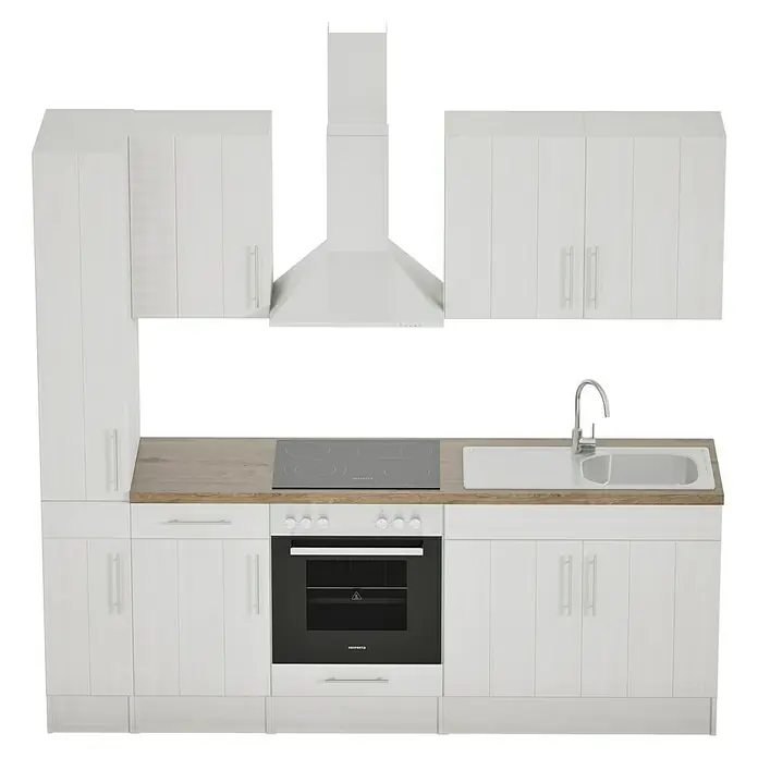 Respekta Premium Composición de cocina Anton - Ancho: 240 cm, Blanco, Con electrodomésticos - Imagen de una moderna cocina blanca con fregadero, fogones y campana extractora, ideal para espacios habitables contemporáneos.\n