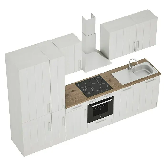 Respekta Premium Composición de cocina Anton - Ancho: 310 cm, Blanco, Con electrodomésticos - Una cocina blanca moderna con encimera de madera, vitrocerámica y fregadero, creando un espacio limpio y elegante.