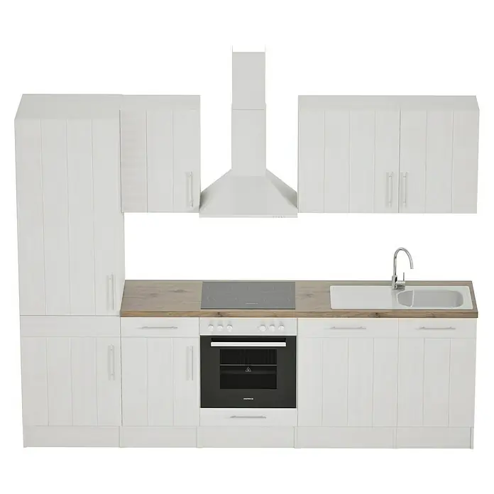 Respekta Premium Composición de cocina Anton - Ancho: 280 cm, Blanco, Con electrodomésticos - Cocina moderna con armarios blancos, encimera de aspecto de madera y estufa negra. Diseño elegante para un hogar acogedor.