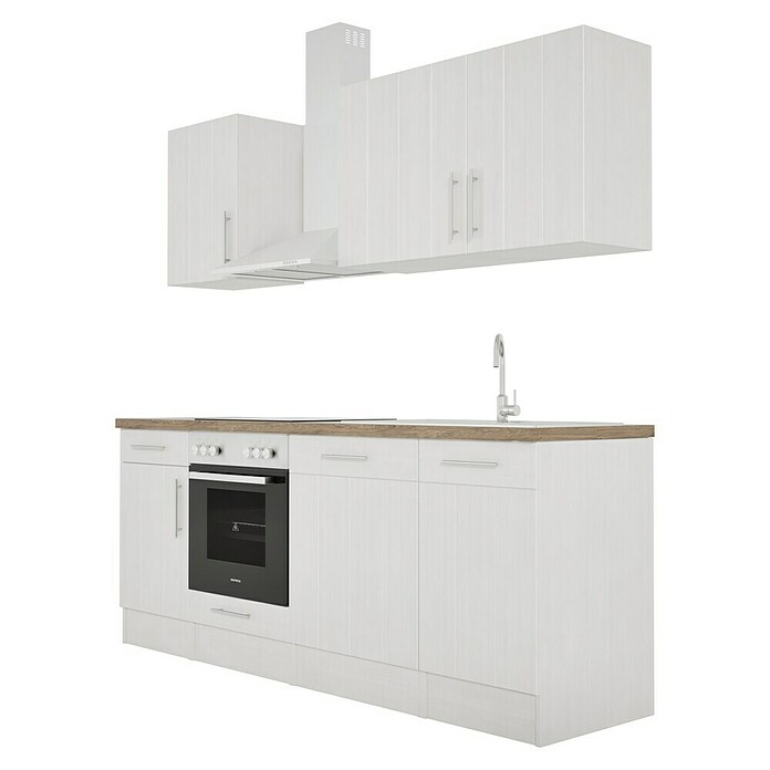 Respekta Premium Composición de cocina (Ancho: 220 cm, Con dispositivos eléctricos, Réplica de alerce blanco)