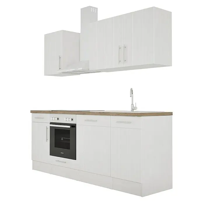 Respekta Premium Composición de cocina Anton - Ancho: 220 cm, Blanco, Con electrodomésticos - Una cocina blanca moderna con encimeras de madera, un horno integrado y armarios de pared a juego para un diseño de cocina elegante.