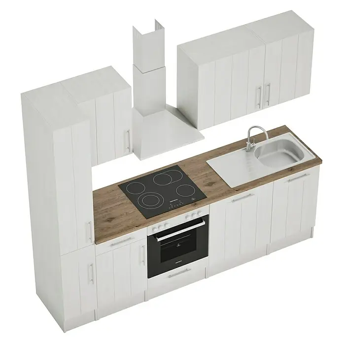 Respekta Premium Composición de cocina Anton - Ancho: 250 cm, Blanco, Con electrodomésticos - Mueble de cocina blanco con vitrocerámica integrada, fregadero y armarios altos y bajos para un diseño moderno.