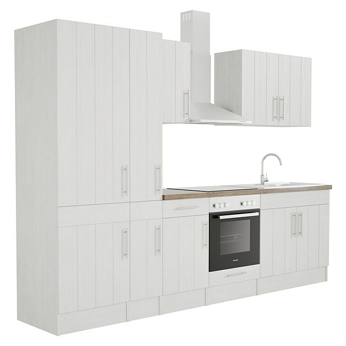 Respekta Premium Composición de cocina (Ancho: 300 cm, Con dispositivos eléctricos, Réplica de alerce blanco)