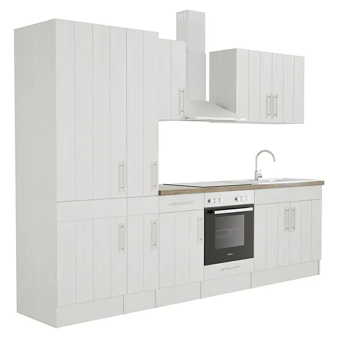 Respekta Premium Composición de cocina Anton - Ancho: 300 cm, Blanco, Con electrodomésticos - Una cocina blanca moderna con horno empotrado, fregadero y campana extractora. Ideal para cocinas pequeñas y medianas.