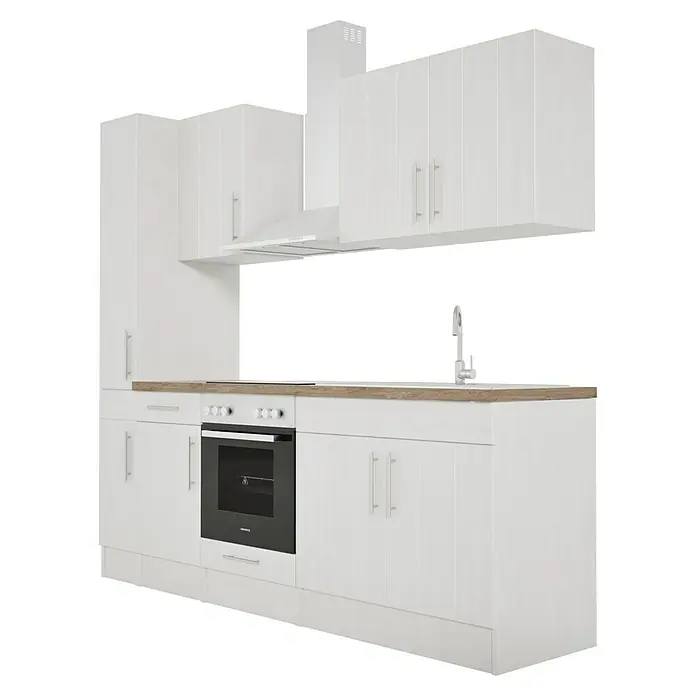 Respekta Premium Composición de cocina Anton - Ancho: 240 cm, Blanco, Con electrodomésticos - Aquí hay una cocina con armarios blancos, un horno y una encimera de madera que crea un aspecto moderno.