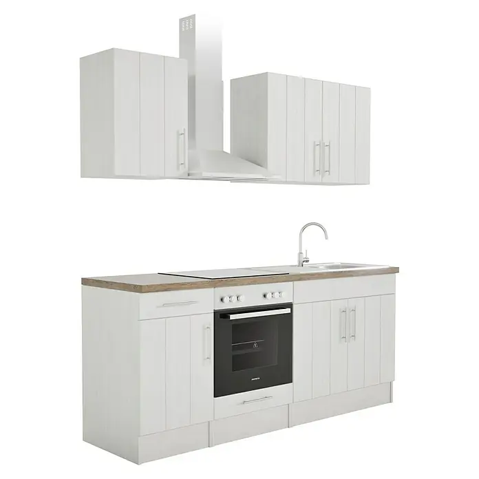 Respekta Premium Composición de cocina Anton - Ancho: 210 cm, Blanco, Con electrodomésticos - Cocina equipada con armarios y cajones blancos, una placa de cocina y una campana extractora, que ofrece un mobiliario de cocina moderno.