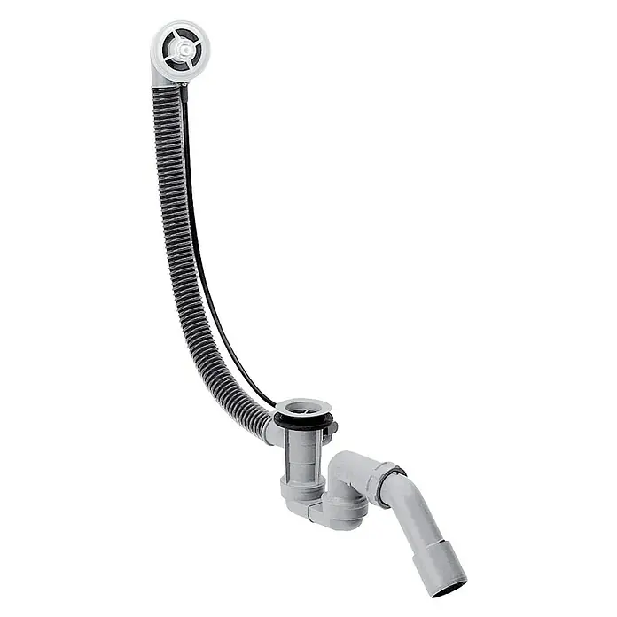 Hansgrohe Ab- & Überlaufgarnitur Flexaplus - Kunststoff, 1 ½″, Geeignet für: Handelsübliche Badewannen - Hier ist ein Close-up eines Badewannenablaufsystems, das aus Kunststoffrohren und einem flexiblen Schlauch besteht.