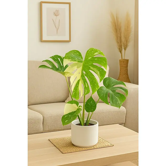 Piardino Fensterblatt Thai Constellation - Monstera deliciosa Thai Constellation, Topfgröße: 17 cm - Nahaufnahme einer Monstera Thai Constellation Zimmerpflanze in einem weißen Topf auf einem Holztisch, mit einem neutralen Wohnzimmer im Hintergrund.
