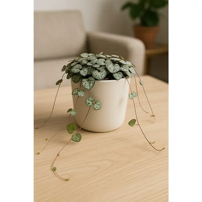 Piardino Leuchterblume - Ceropegia woodii, Topfgröße: 12 cm - Zimmerpflanze "String of Hearts" in weißem Topf auf einem Tisch. Die herzförmigen Blätter sind silbrig-grün gefärbt.