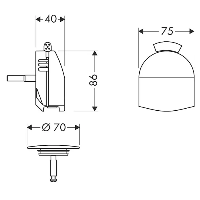 Hansgrohe Ausstattungs-Set Exafill - 2 -tlg., Verchromt - Schemazeichnung eines Badezimmerablaufs mit Maßen, 40x70x86, daneben eine Abdeckung mit 75. Technische Details für Badarmaturen.