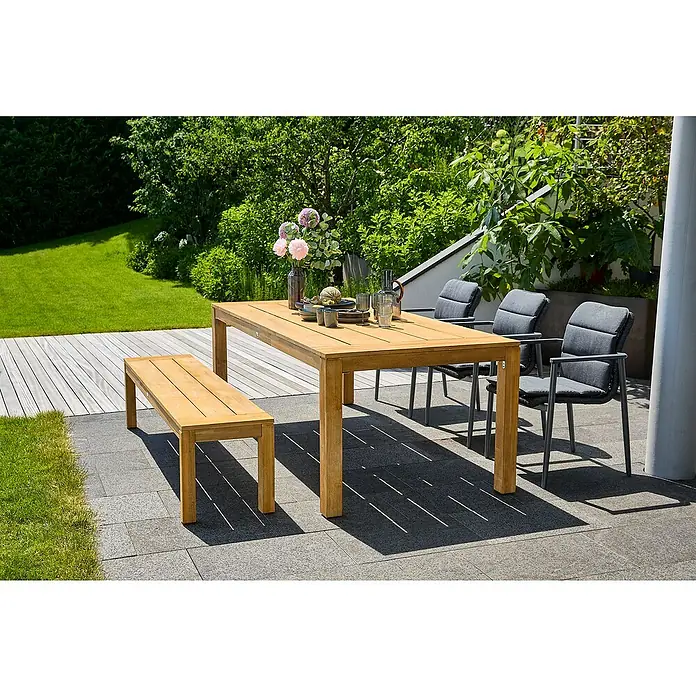 Sunfun Gartenmöbel-Set Laura/Solo Rope - 8 -tlg., Akazie, Aluminium, Olefin, Naturbraun/Night-Grey - Gartentisch-Set aus Holz mit Bank und Stühlen. Das Set umfasst einen Esstisch, eine Bank und Stühle mit grau gepolsterten Sitzen und Rückenlehnen.