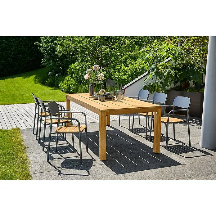 Sunfun Gartenmöbel-Set Laura/Gastro - 7 -tlg., Akazie, Stahl, Polywood, Naturbraun/Night-Grey - Ein einladender Esstisch mit Stühlen im Freien. Perfekt für Mahlzeiten im Garten oder auf der Terrasse. Das Set verspricht Komfort im Freien.