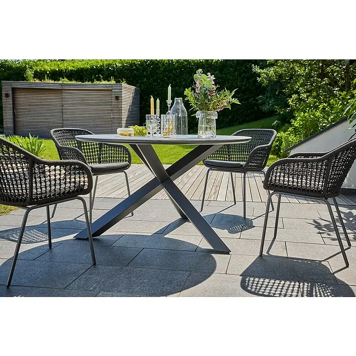 Sunfun Maja Gartentisch rund - Ø x H: 130 x 75 cm, Aluminium, Night-Grey - Stilvoller Gartentisch mit vier Stühlen. Das moderne Design mit dem Kreuzfuß und den Rattanstühlen lädt zum Verweilen im Freien ein.