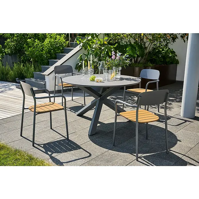 Sunfun Maja Gartentisch rund - Ø x H: 130 x 75 cm, Aluminium, Night-Grey - Runder Esstisch mit vier passenden Stühlen im Gartenbereich. Das Set aus Tisch und Stühlen bietet Platz für Mahlzeiten im Freien.