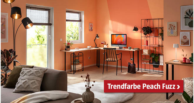 Wohnraum mit Home Office Bereich in der Trendfarbe Peach Fuzz