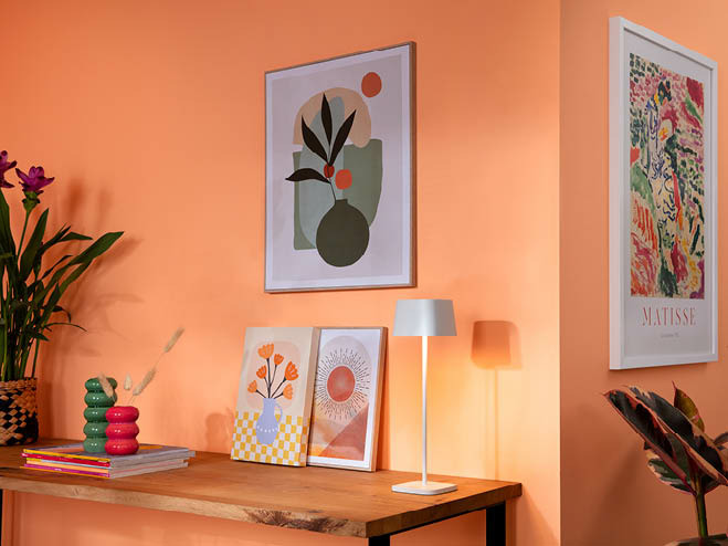 Bilder an der Wand und auf einem Regal, die Wand in der Trendfarbe Peach Fuzz gestrichen