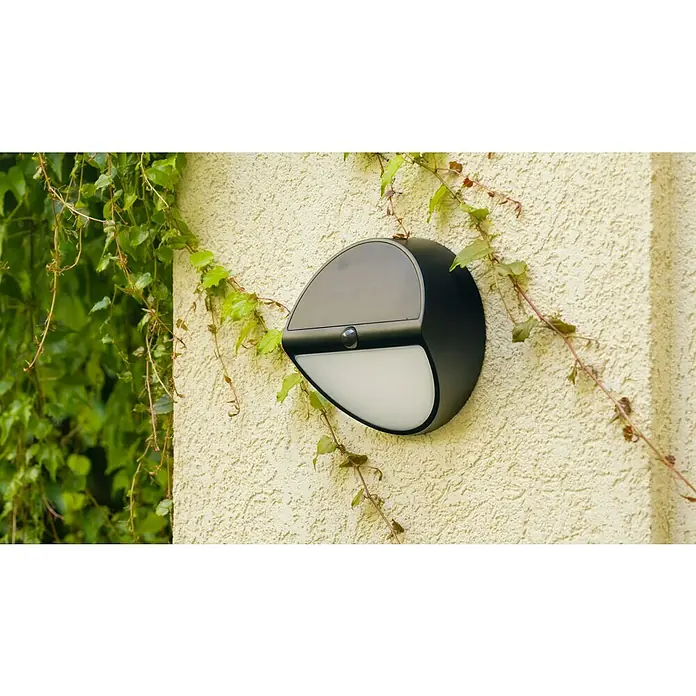 Lavida Solar-Außenwandleuchte - 5 W, L x B x H: 9,7 x 20 x 20 cm, Schwarz, IP54, 500 lm - Eine moderne, schwarze Wandleuchte mit Bewegungsmelder ist an einer Außenwand mit Efeu befestigt und spendet Licht für den Außenbereich.