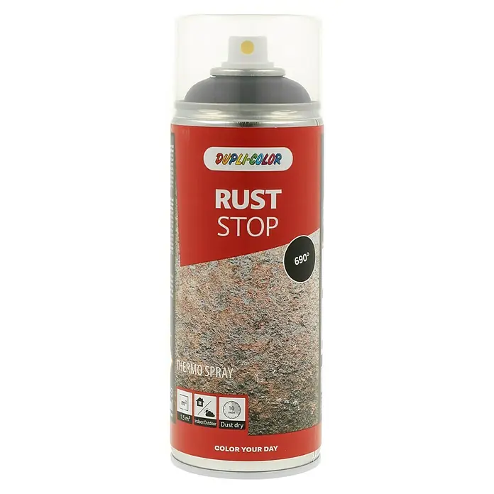 Dupli-Color Rostschutz-Spray Rust Stop Thermo Spray - Schwarz, 400 ml - Dupli-Color Rostschutz-Thermospraydose mit roter Aufschrift und grau-braunem Muster, ideal für den Innen- und Außenbereich.
