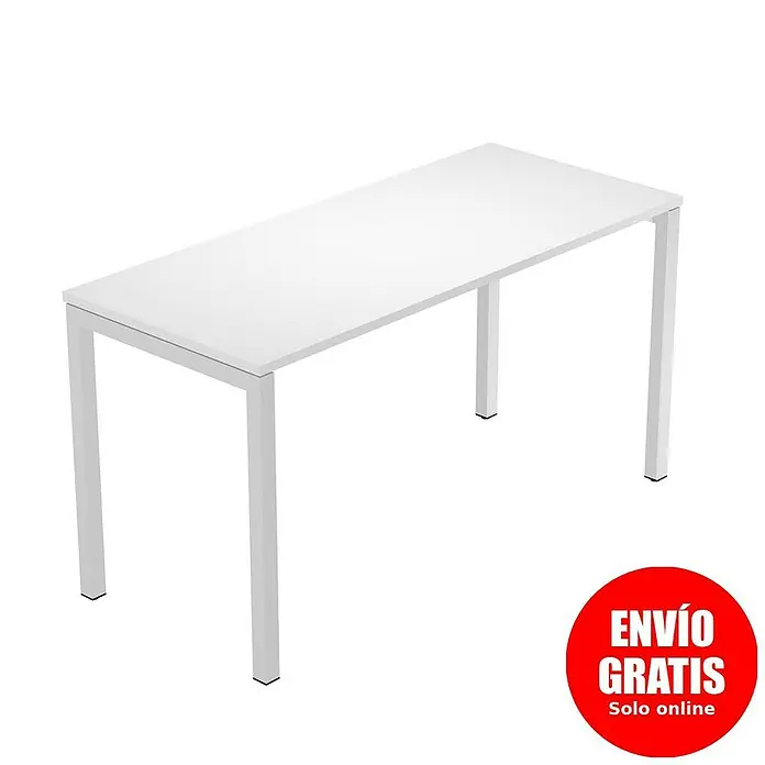 ArtExport Home Mesa de escritorio Venere - L x An x Al: 60 x 140 x 74 cm, Blanco, Patas metálicas grises - Un escritorio blanco con un diseño minimalista y patas rectas plateadas, ideal para una oficina o estudio moderno.