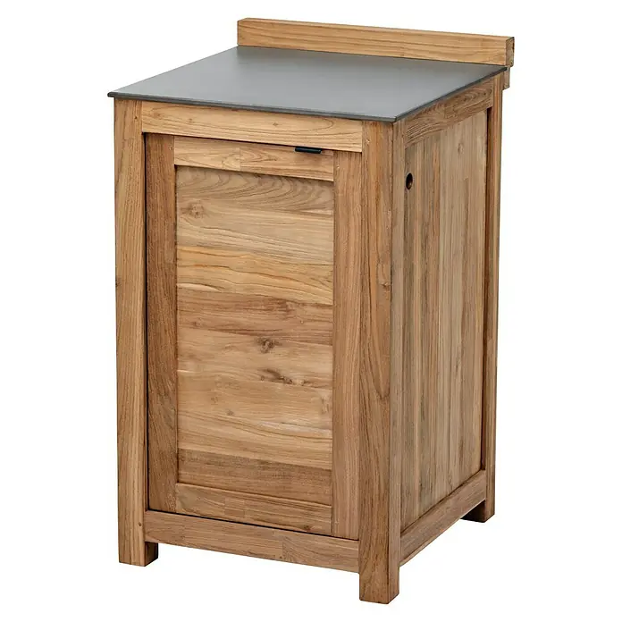 Kingstone Outdoorküche Cliff 6005/Zoe - 6 -tlg., Teakholz/Stahl/Keramik, Schwarz/Braun, Material Grillfläche: Gusseisen, Anzahl Brenner: 6 - Elegantes Teakholz-Waschbeckenmöbel mit einer grauen Oberfläche. Das stilvolle Möbelstück bietet praktischen Stauraum im Badezimmer.