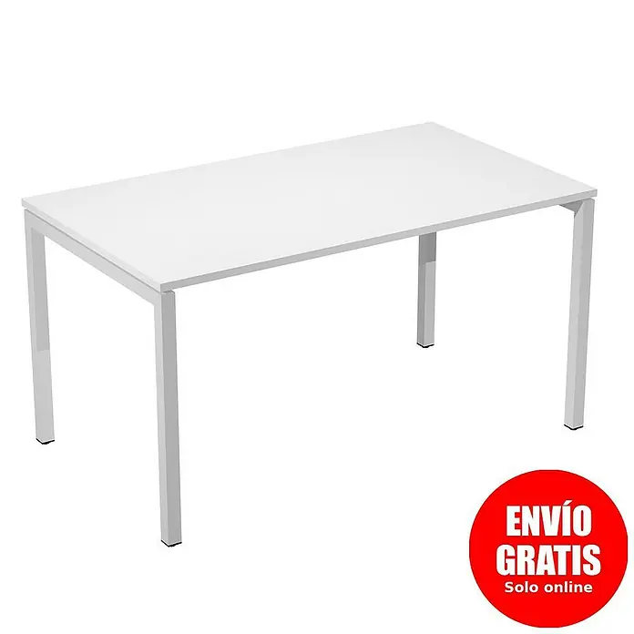 ArtExport Mesa de escritorio Venere - L x An x Al: 80 x 140 x 74 cm, Blanco, Patas metálicas grises - Un escritorio blanco minimalista con un diseño limpio y patas plateadas, ideal para oficinas o espacios de trabajo modernos. Diseño sencillo y funcional.