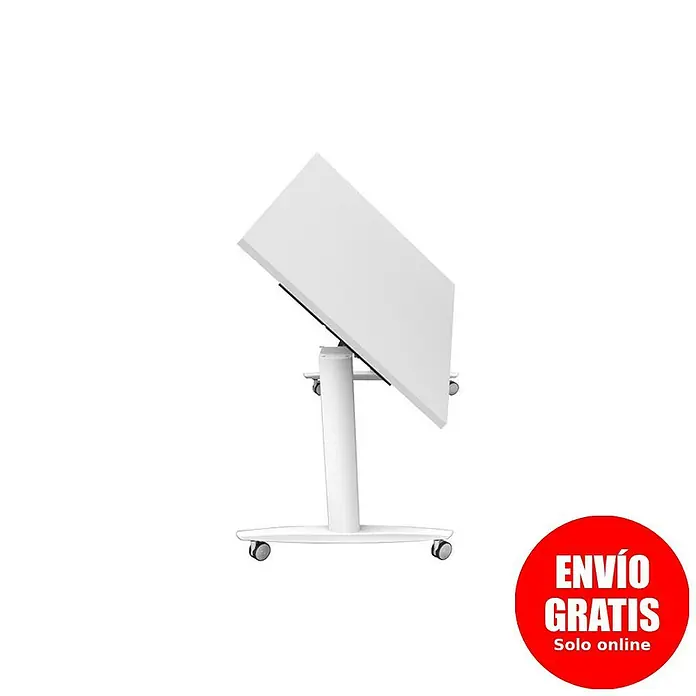ArtExport Mesa de escritorio Taxi - L x An x Al: 80 x 160 x 74 cm, Blanco, Ruedas - Imagen de una mesa de presentación blanca ajustable con ruedas con una mesa inclinada y una etiqueta roja de "Envío gratis".