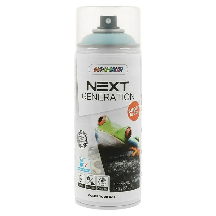 Dupli-Color Next Sprühlack Next Generation - Forgetmenot Blue, Seidenmatt, 400 ml - Dose Dupli-Color Next Generation Sprühfarbe mit Froschmotiv. Vielseitig einsetzbar, kein Primer nötig, schnell trocknend und super flexibel.
