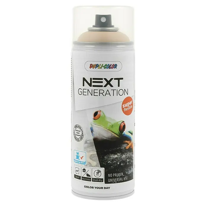 Dupli-Color Next Sprühlack Next Generation - Whisper Brown, Seidenmatt, 400 ml - Dose Dupli-Color Next Generation Sprühfarbe mit Froschmotiv, ideal für Innen- und Außenbereiche, staubtrocken in 10 Minuten.