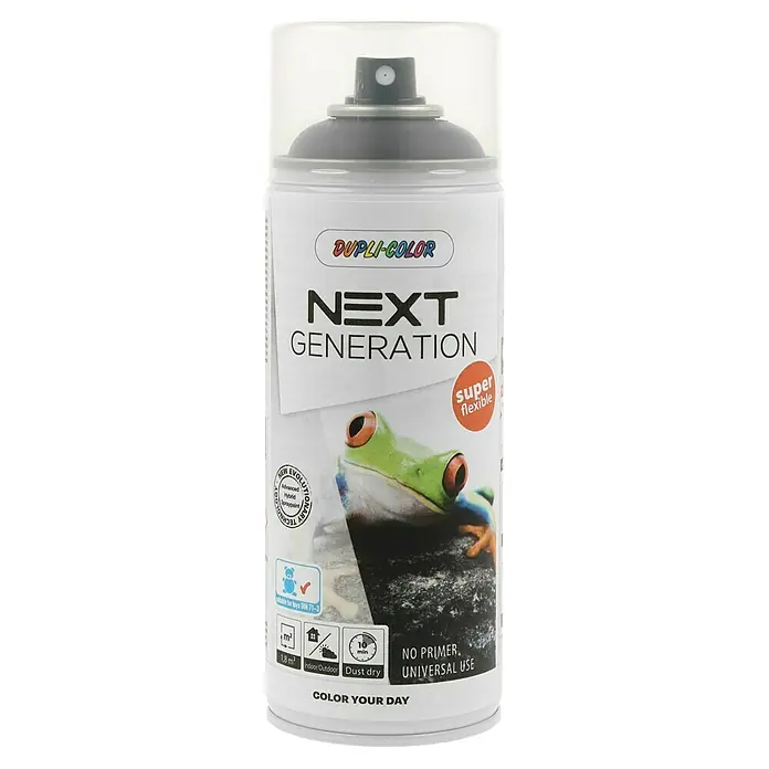 Dupli-Color Next Sprühlack Next Generation - Mud Grey, Seidenmatt, 400 ml - Eine Dose Dupli-Color Next Generation Sprühfarbe mit einem Bild eines Frosches, der die flexible Anwendung des Produkts betont.