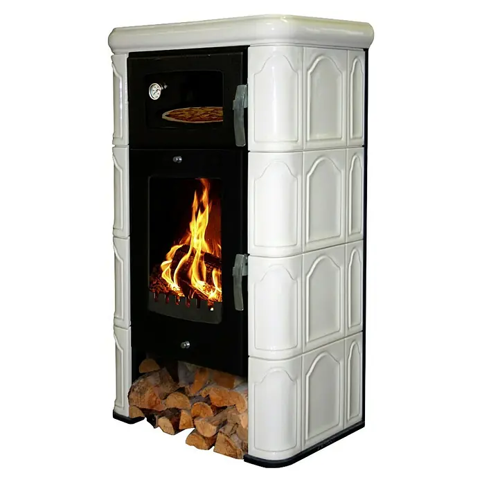 Domofire Kaminofen Napoli II - 6 kW, Material Verkleidung: Keramik, Weiß - Holzofen mit Backofen und Holzscheiten zur Befeuerung. Ideal zum Heizen und Kochen mit Holz, der Inbegriff von Gemütlichkeit!