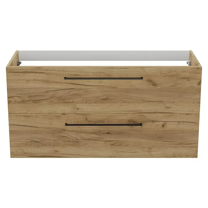 Camargue Espacio Waschtischunterschrank - 120 x 46 x 60 cm, Farbe Griff: Schwarz, 2 Siphonausschnitte, Doce - Nahaufnahme eines Waschtischunterschranks mit zwei Schubladen in Holzoptik und schwarzen Griffen. Der Schrank hat eine weiße Oberseite.
