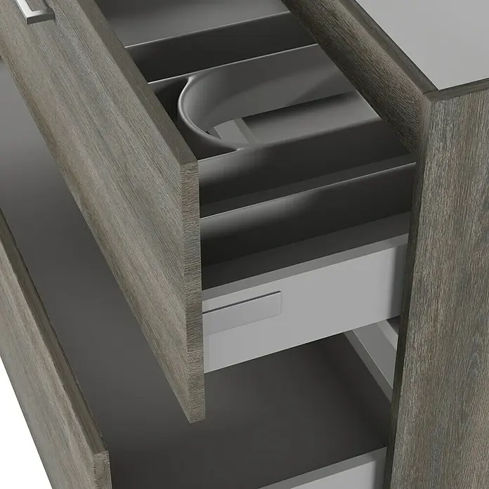 Camargue Espacio Waschtischunterschrank - 120 x 46 x 60 cm, 2 Schubkästen, Faro - Schubladen mit Holzeffekt. Die hellgrauen Schubladen mit Holzmaserung sind teilweise geöffnet und geben den Blick frei auf den Innenraum.