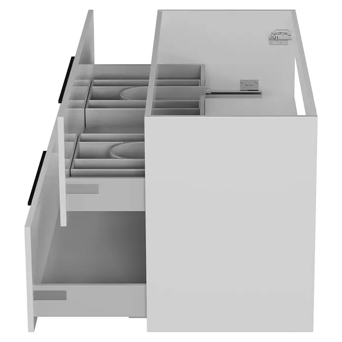 Camargue Espacio Waschtischunterschrank - 120 x 46 x 60 cm, Farbe Griff: Schwarz, 2 Siphonausschnitte, Mira - Auf dem Bild ist ein Badezimmerschrank mit Schubladen und weißer Front zu sehen, der Stauraum und Organisation im Badezimmer bietet.