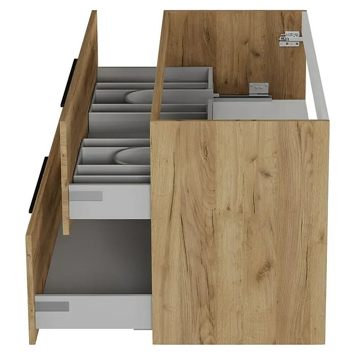 Camargue Espacio Waschtischunterschrank - 120 x 46 x 60 cm, Farbe Griff: Schwarz, 2 Siphonausschnitte, Doce - Bild einer offenen Schubladenkonstruktion mit Holzpaneelen und grauen Schubladen, die verschiedene Aufbewahrungsmöglichkeiten bietet.
